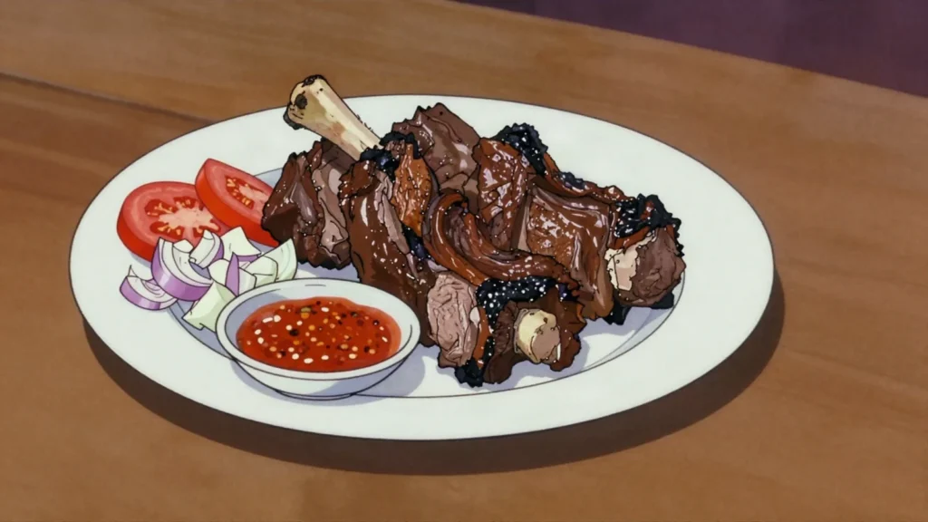 Michopo, chunks of goat or beef grilled at taverns with chili, Zambia street food, anime style