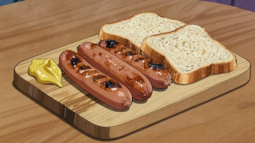 Mici, caseless grilled sausages of mixed meats, garlic; with mustard, Romania street food, anime style