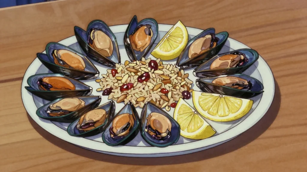 Midye dolma, mussels stuffed with spiced rice, squeezed with lemon and eaten from the shell, Turkey street food, anime style
