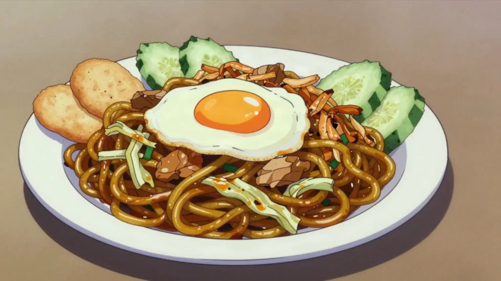 Mie Goreng, wok-fried sweet-soy noodles with vegetables and egg, Indonesia main, anime style