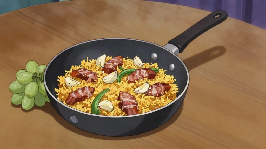 Migas, shepherd's fried breadcrumbs with chorizo, peppers, grapes, Spain main, anime style