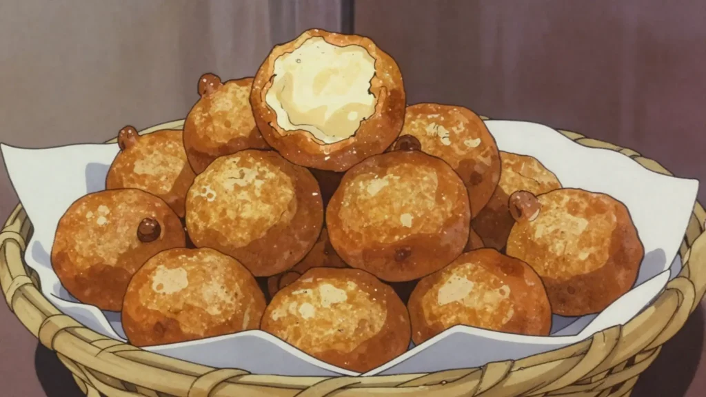 Mikate, puffy fried dough balls sold from morning stalls, DR Congo snack, anime style