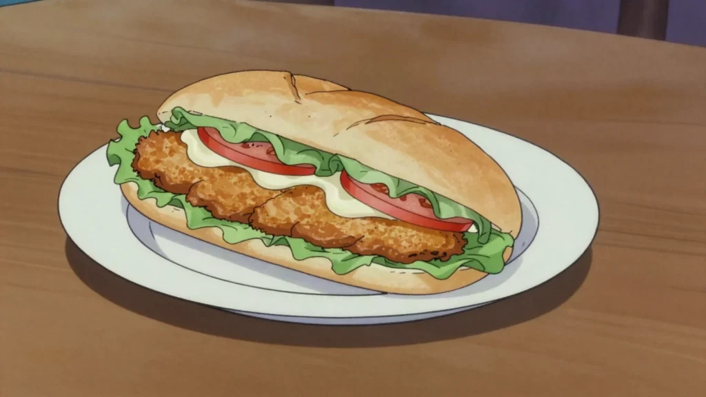 Milanesa al pan, breaded veal cutlet in a bread roll with salad and mayonnaise, Uruguay street food, anime style