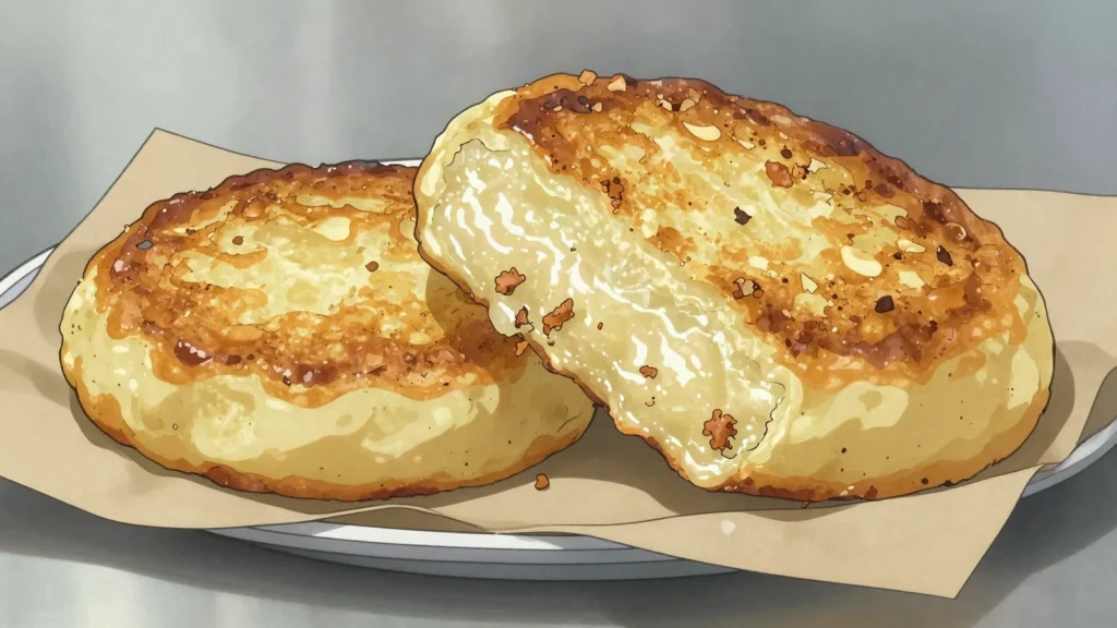 Milcao, chilote potato cake of grated and mashed potato, fried or boiled, Chile street food, anime style