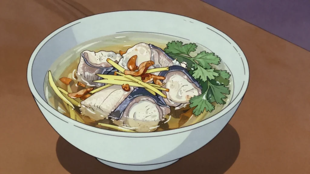 Milkfish Soup, clear ginger broth with fatty milkfish belly, Tainan's breakfast of choice, Taiwan soup & stew, anime style