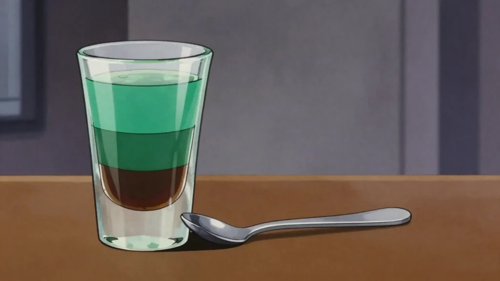 Millimallikas, layered shot of Vana Tallinn, peppermint liqueur and clear spirit, Estonia cocktail, anime style