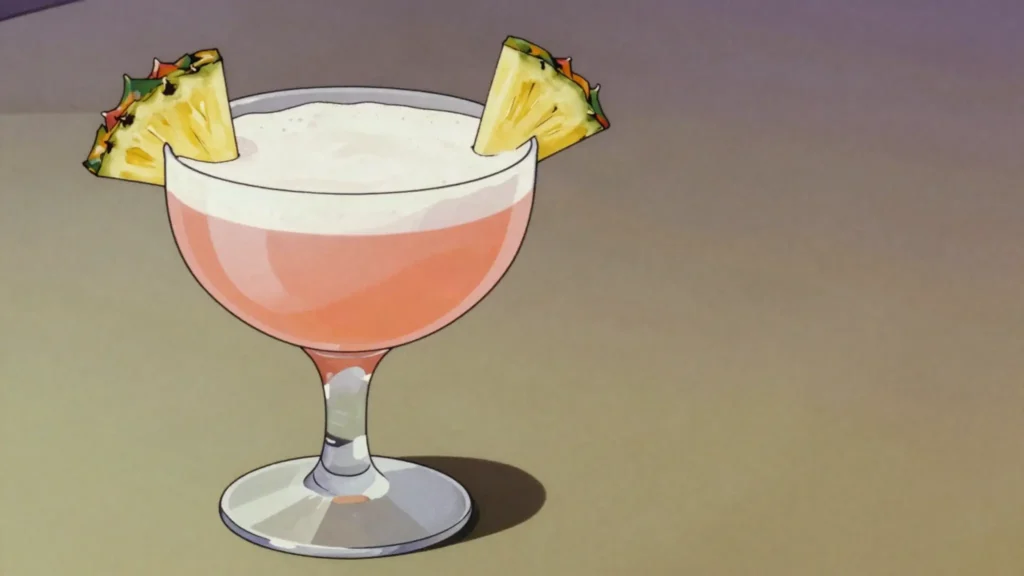 Million Dollar Cocktail, gin, sweet vermouth, pineapple, grenadine and egg white, shaken frothy, Japan cocktail, anime style