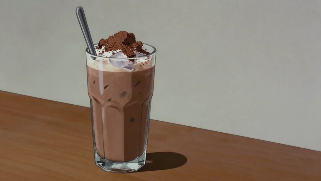 Milo Dinosaur, iced Milo heaped with extra malt powder, hawker-era invention, Singapore drink, anime style