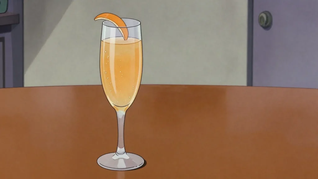Mimosa, equal champagne and chilled orange juice in a flute, France cocktail, anime style