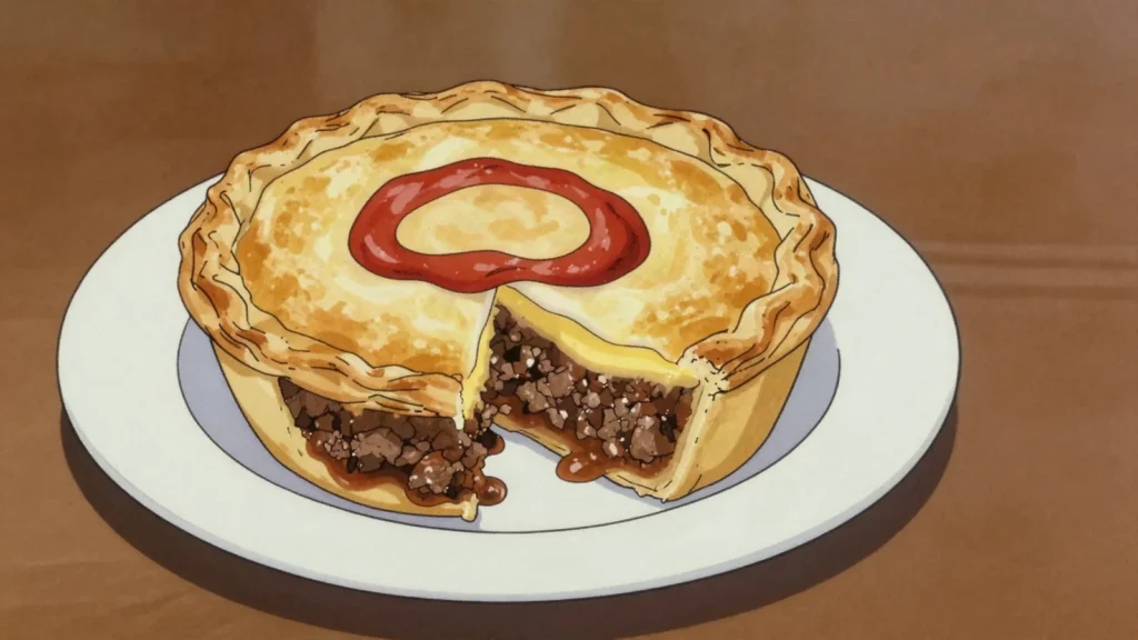 Mince and Cheese Pie, flaky pie of savory minced beef and melted cheese, bakery staple, New Zealand snack, anime style