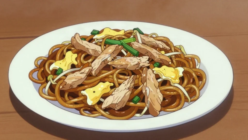 Mine frite, stir-fried noodles with chicken, egg and greens, Chinatown legacy, Mauritius main, anime style