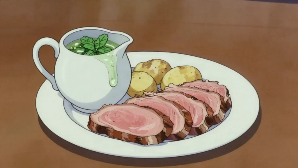Mint sauce, chopped mint in vinegar, essential with roast lamb, United Kingdom sauce & condiment, anime style