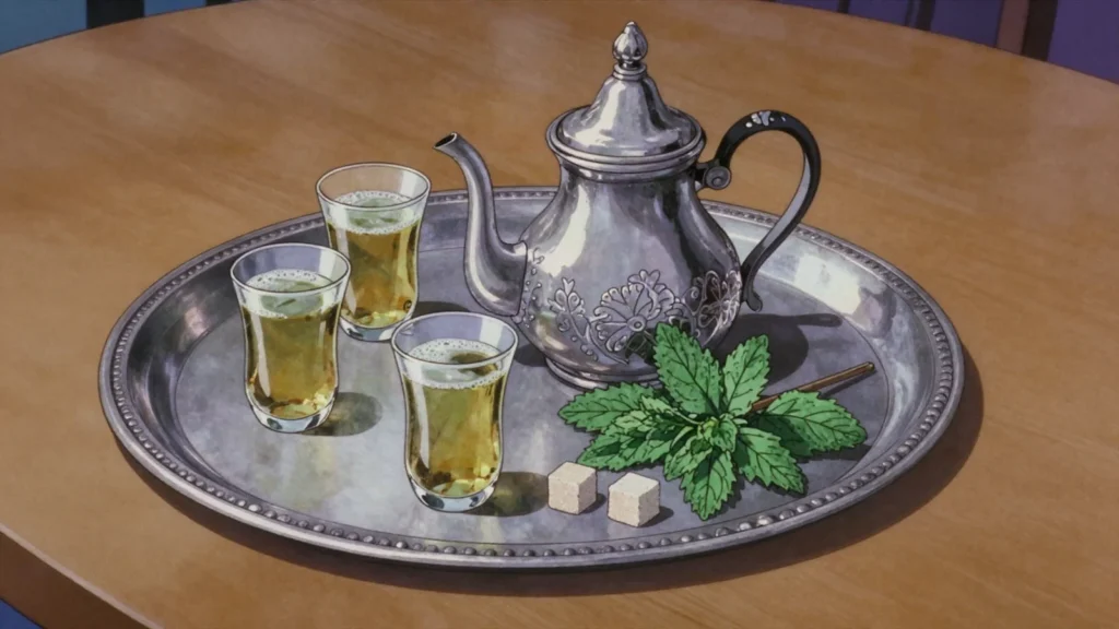 Mint tea, gunpowder green tea steeped with fresh spearmint and sugar, poured from height, Morocco drink, anime style