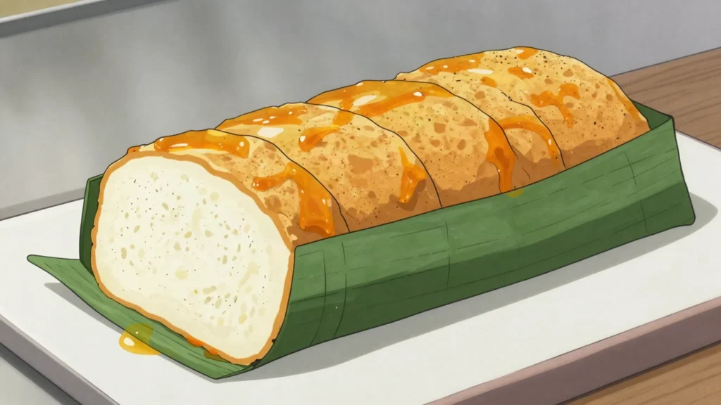 Mintumba, steamed cake of grated cassava and palm oil, sliced from a leaf parcel, Cameroon bread & pastry, anime style