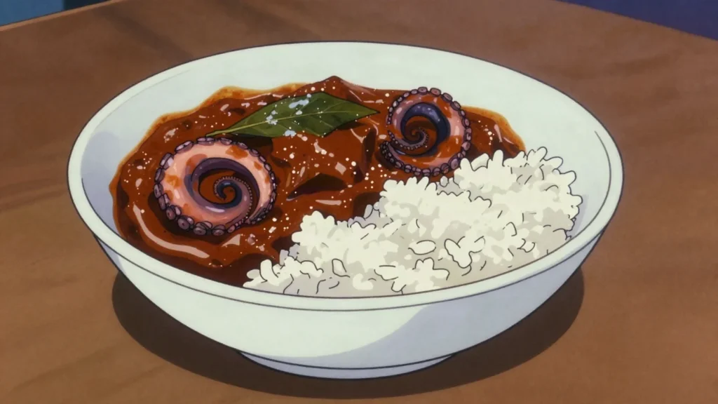 Miruhulee Boava, octopus tentacles braised in curry spices and coconut oil until tender, Maldives main, anime style