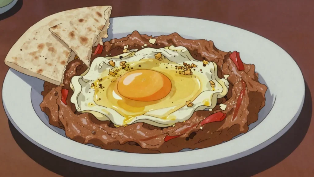 Mirza ghasemi, gilani smoked eggplant with garlic, tomato and egg, Iran salad & side, anime style