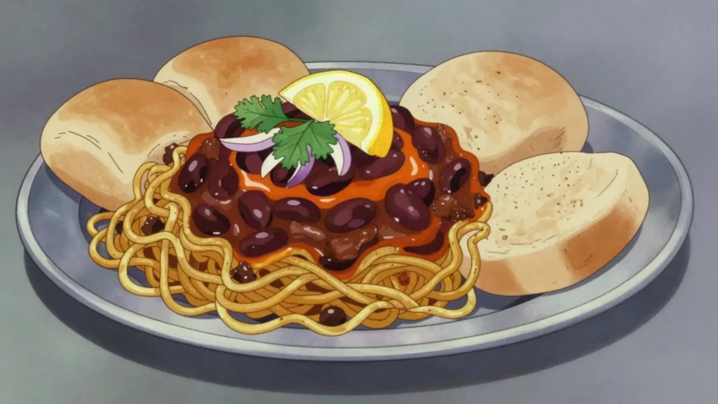 Misal Pav, fiery sprouted-bean curry topped with crunchy farsan, served with bread rolls, India street food, anime style