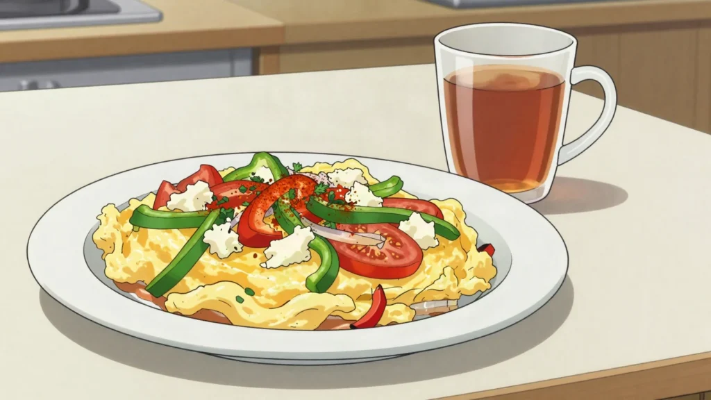 Mish-mash, scrambled eggs with peppers, tomatoes, sirene, Bulgaria breakfast, anime style