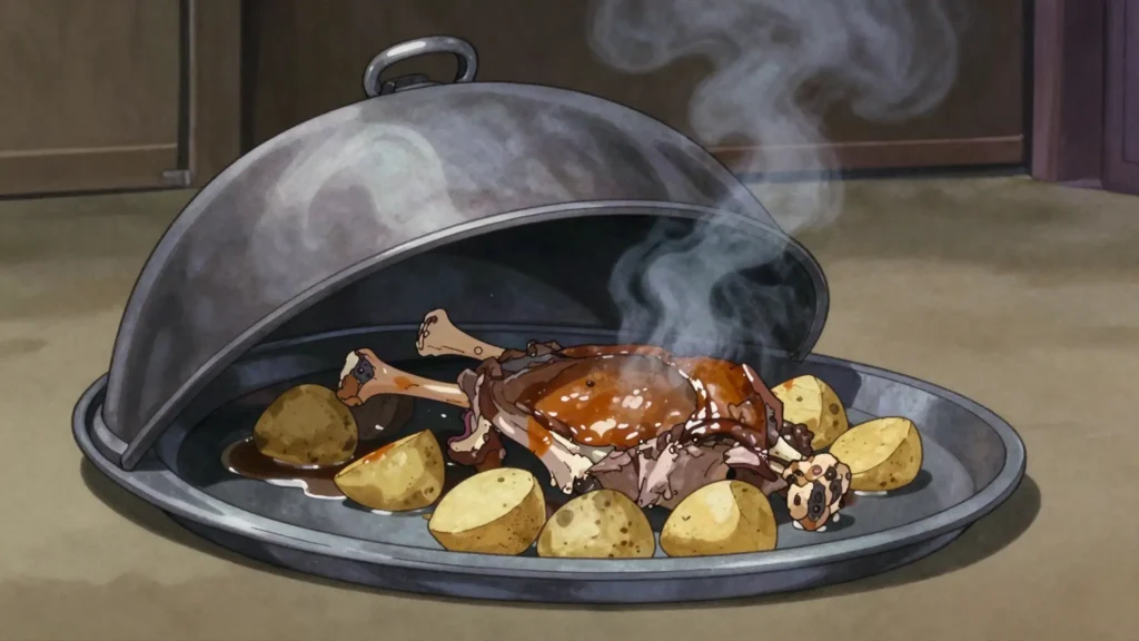 Mish në saç, lamb or veal baked under a metal dome covered with embers, Kosovo main, anime style
