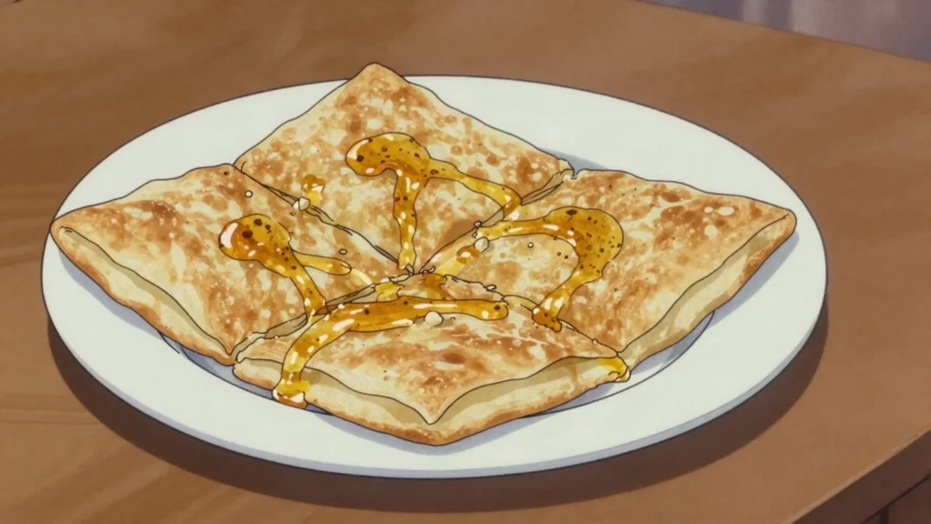 Mishaltat, layered buttery flatbread stretched paper-thin, folded and baked, eaten, Saudi Arabia bread & pastry, anime style