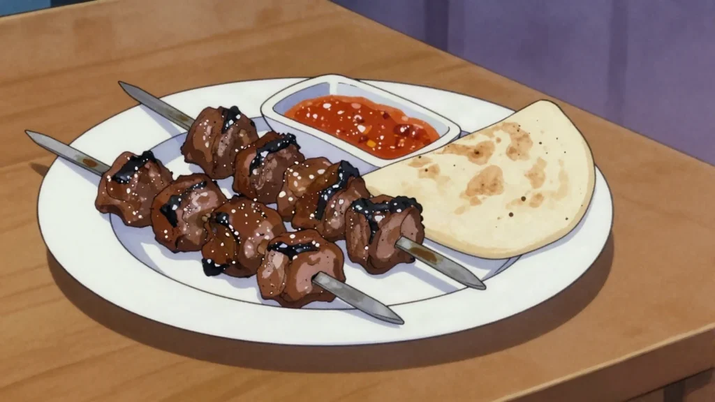 Mishkak, charcoal meat skewers brushed with tamarind, sold roadside at dusk, Oman street food, anime style