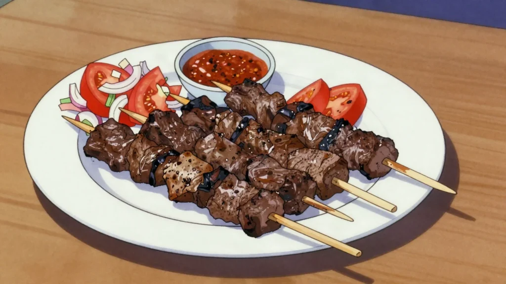 Mishkaki, marinated meat skewers grilled over coals at dusk, Tanzania street food, anime style