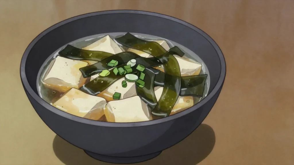 Miso Soup, dashi and miso broth with tofu, wakame and scallions, daily staple, Japan soup & stew, anime style
