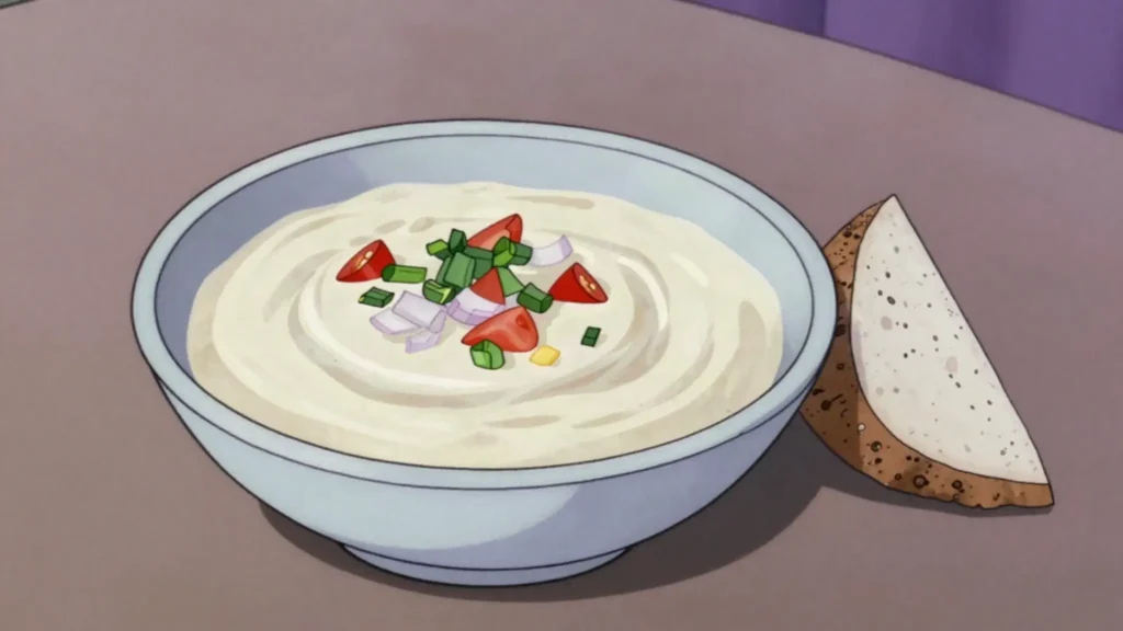Miti, coconut cream sharpened with lemon, chili and onion, spooned over fish and taro, Fiji sauce & condiment, anime style