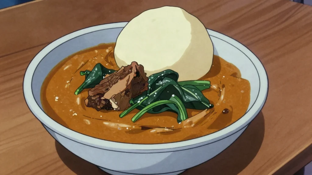 Miyan gyada, groundnut soup with meat and greens, ladled over tuwo, Niger soup & stew, anime style