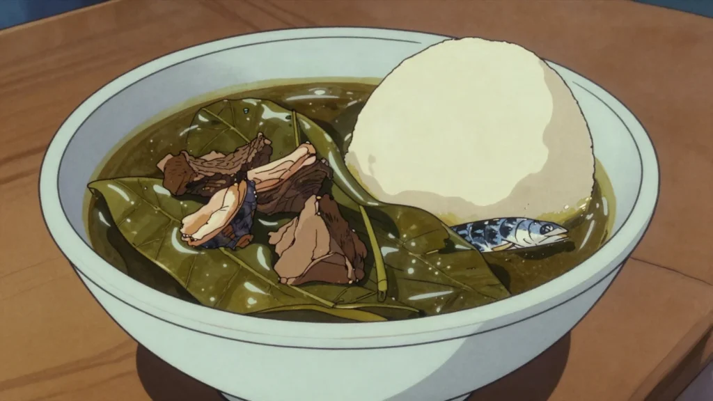 Miyan kuka, baobab-leaf powder soup with dried fish and meat, poured over tuwo, Niger soup & stew, anime style