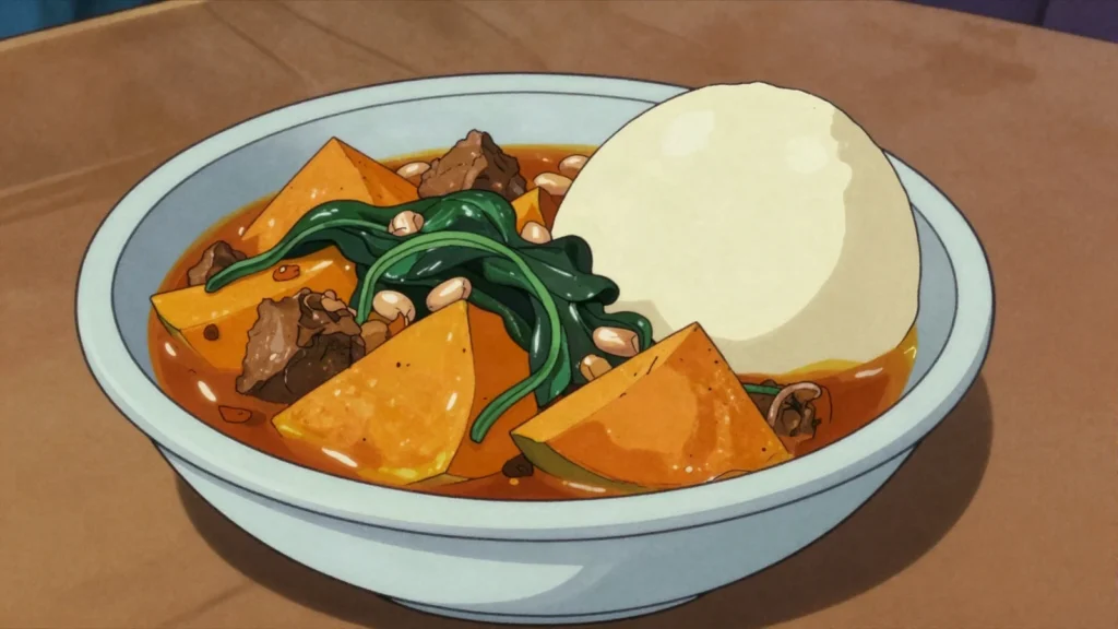 Miyan taushe, pumpkin and peanut stew with spinach, meat and chili, over tuwo, Niger soup & stew, anime style