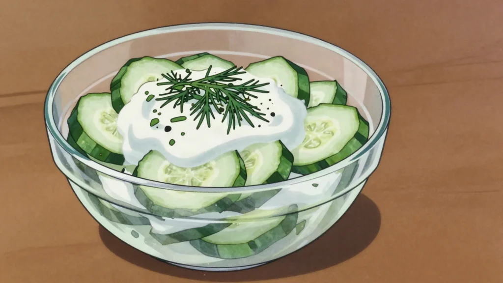 Mizeria, cool cucumber ribbons in soured cream with dill, Poland salad & side, anime style