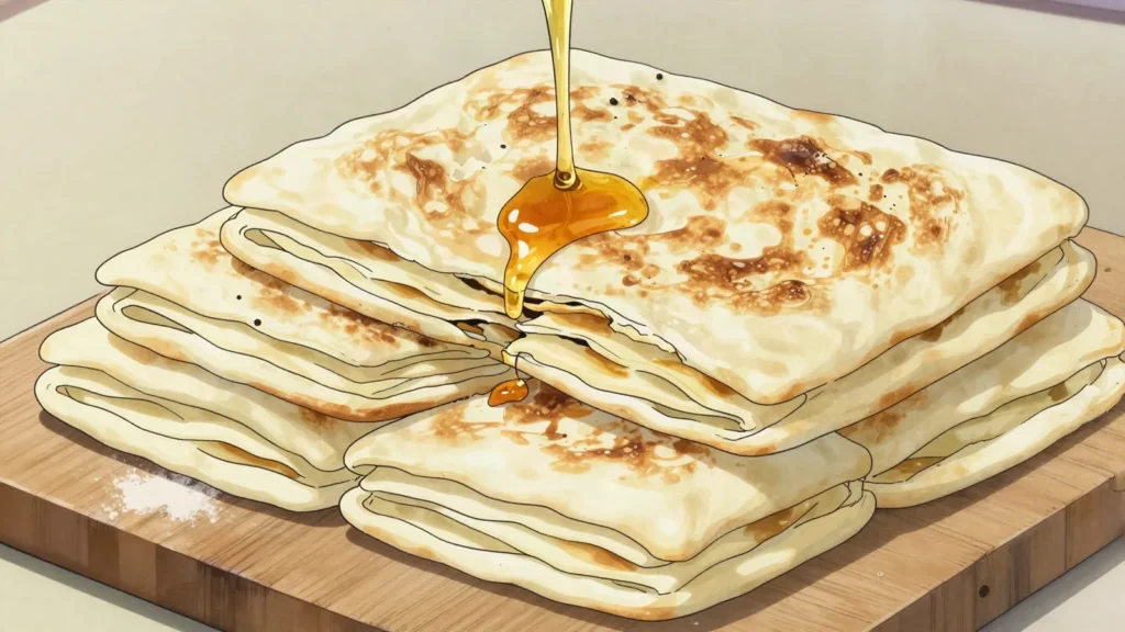 Mkatra foutra, coconut-water flatbread enriched with egg, eaten with honey, Comoros bread & pastry, anime style