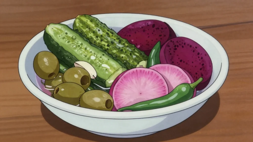 Mkhallal, brined cucumbers, turnips, olives and chillies set on the table with, Jordan fermented & pickled, anime style