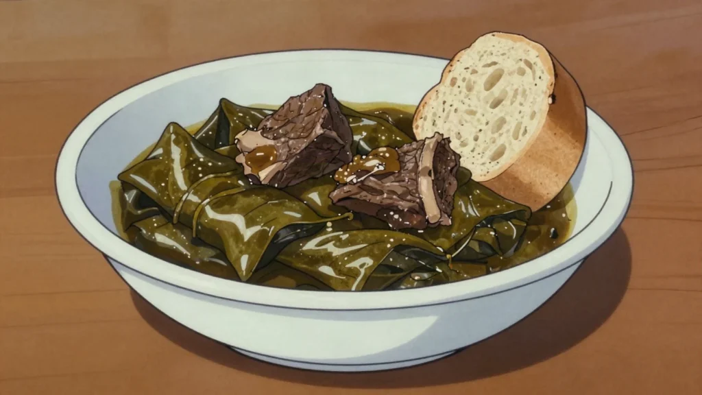 Mloukhia, inky slow-cooked jute-leaf sauce with beef, ladled over rice or bread, Tunisia soup & stew, anime style
