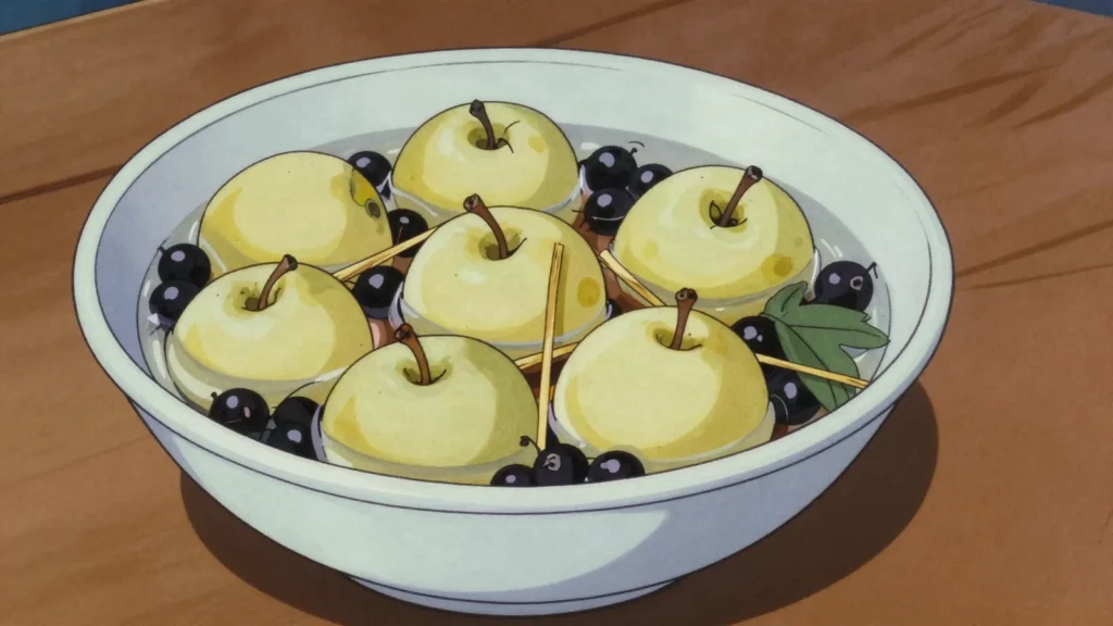 Mochonye yabloki, whole apples fermented in brine with rye straw and blackcurrant, Russia fermented & pickled, anime style