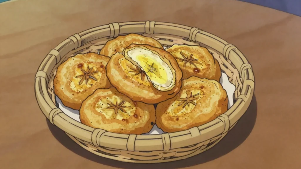 Mofo akondro, ripe banana mashed into batter and fried into hot rounds, Madagascar street food, anime style