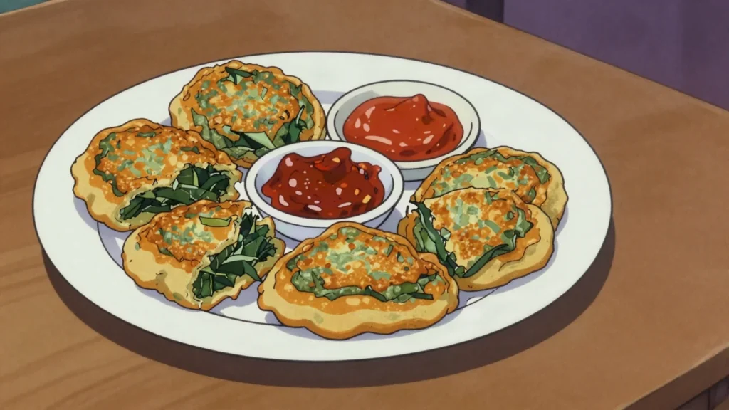 Mofo anana, savory greens fritters fried at street stalls, Madagascar street food, anime style
