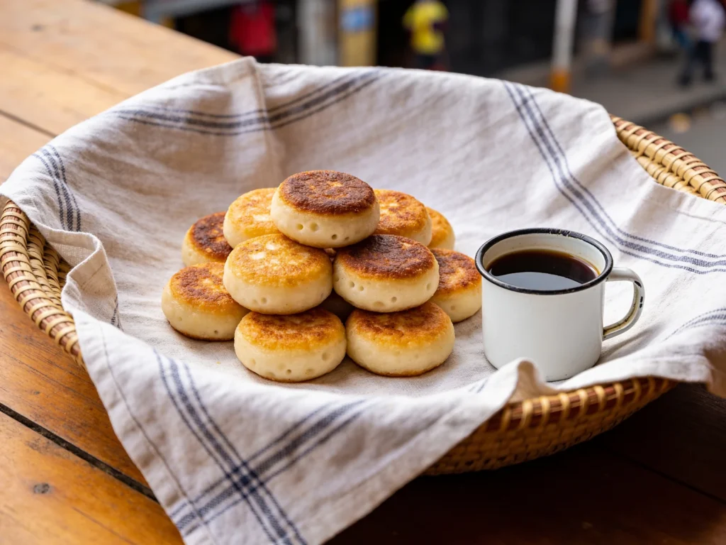 Mofo gasy, sweet rice-flour griddle cakes sold warm at dawn, Madagascar breakfast, anime style