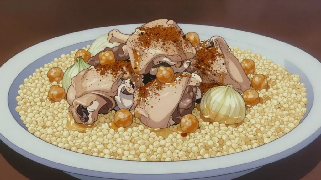 Moghrabieh, large hand-rolled couscous pearls with chicken, chickpeas and pearl onions, Lebanon main, anime style