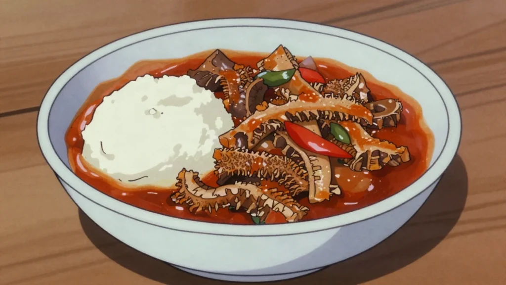 Mogodu, tripe stewed with onion, served with pap, South Africa soup & stew, anime style