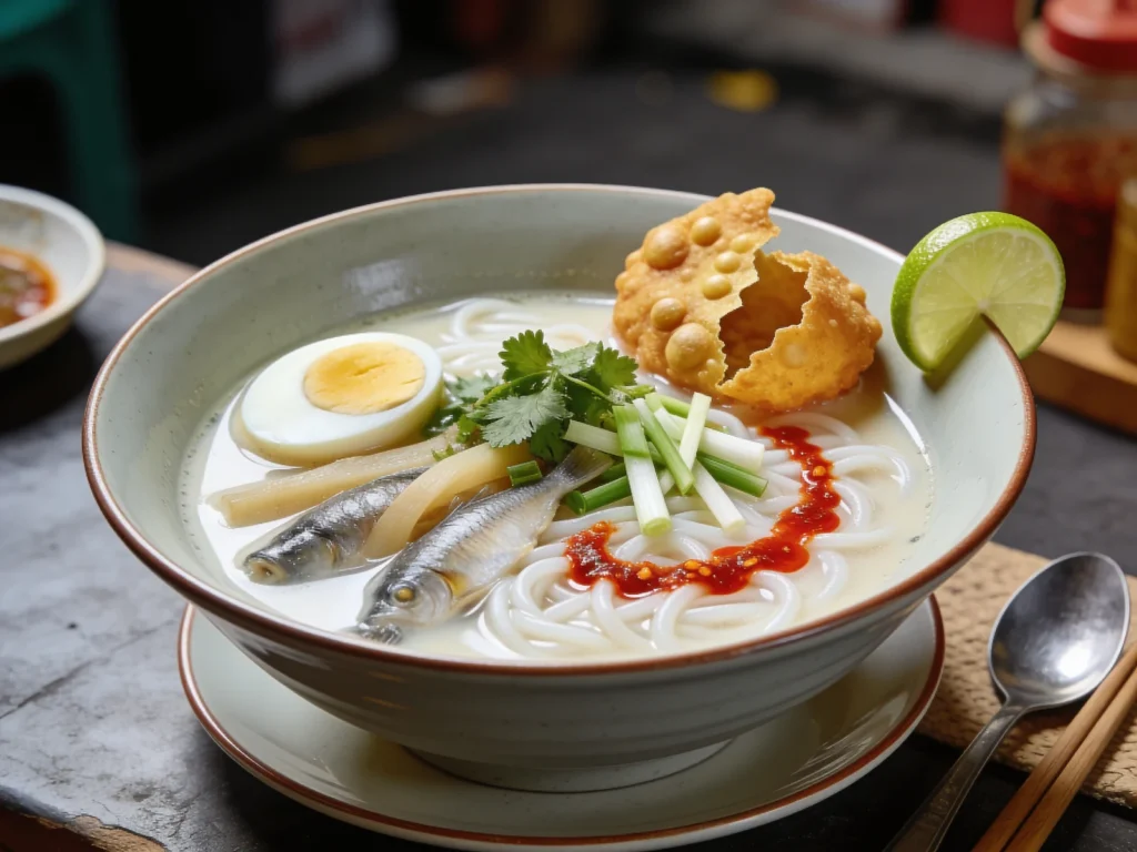 Mohinga, national breakfast: rice noodles in catfish-lemongrass broth with crispy fritters, Myanmar soup & stew, anime style