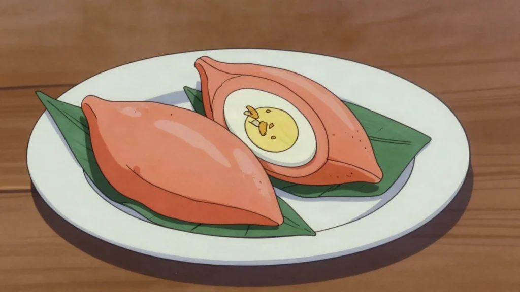 Moin moin, steamed bean pudding with fish or boiled egg, Nigeria salad & side, anime style