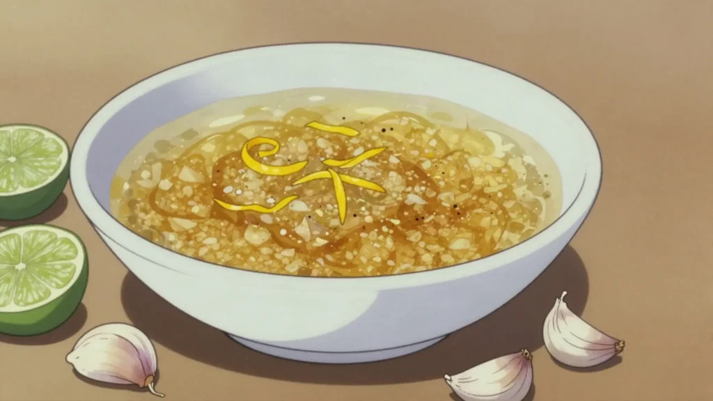 Mojo criollo, garlic, sour orange and cumin sauce poured over pork and yuca, Cuba sauce & condiment, anime style