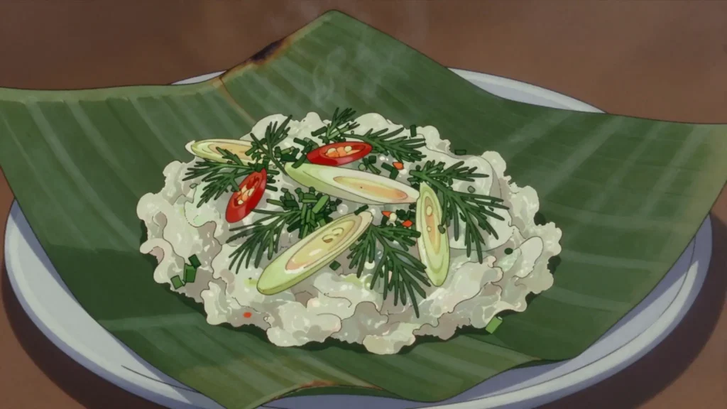 Mok Pa, fish steamed in banana leaf with dill, lemongrass and chili, Laos main, anime style
