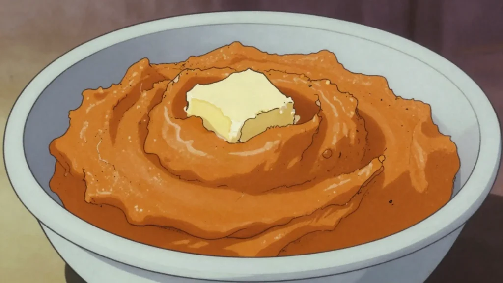 Mokopu, pumpkin boiled soft and mashed with a little sugar or salt, Lesotho salad & side, anime style