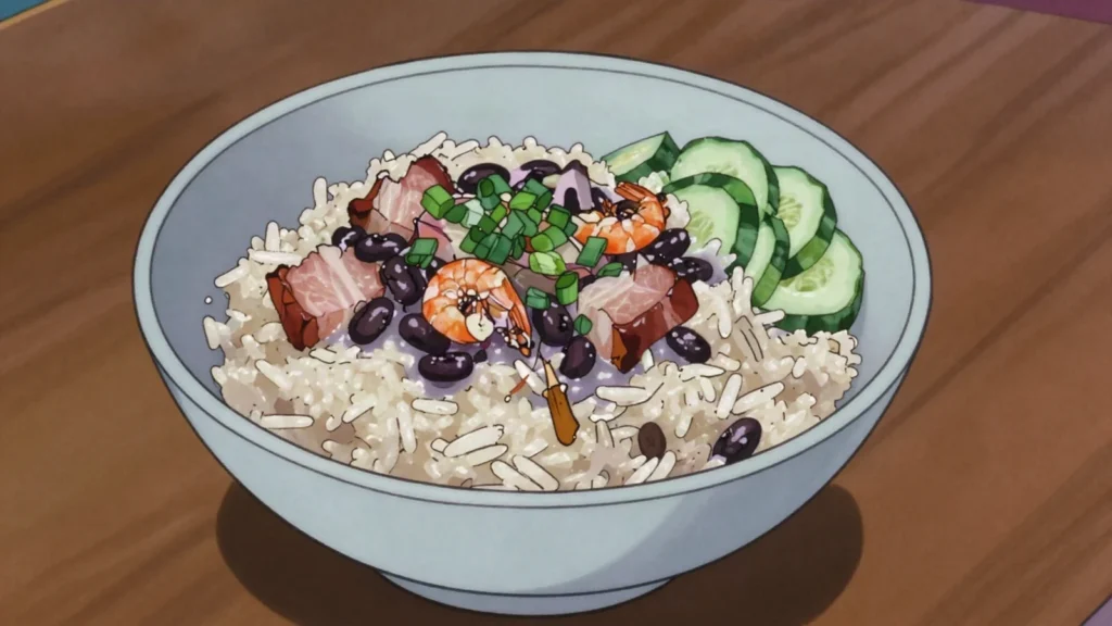 Moksi-alesi, mixed rice cooked with salted meat, dried shrimp and coconut, Suriname main, anime style