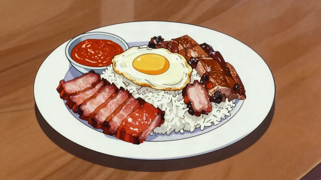 Moksi meti, mixed roast meats - pork belly, char siu and duck - over rice, Suriname main, anime style