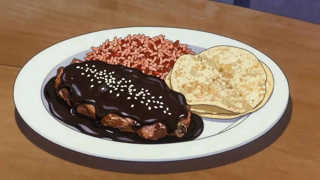 Mole negro, oaxaca's darkest mole, thick with chilhuacle chiles, seeds and chocolate, Mexico main, anime style