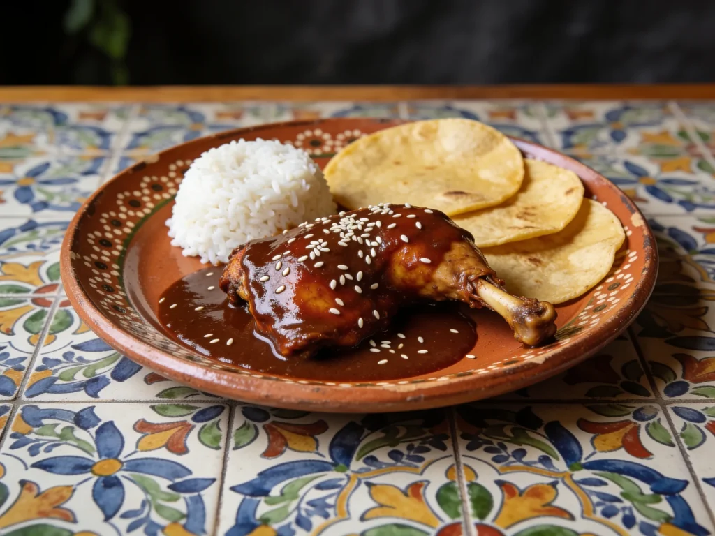 Mole poblano, chicken in complex chile-chocolate sauce of many ingredients, Mexico main, anime style